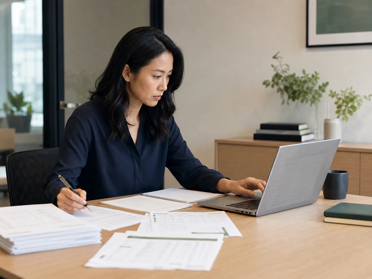 Accounting professional reviewing startup financial records.