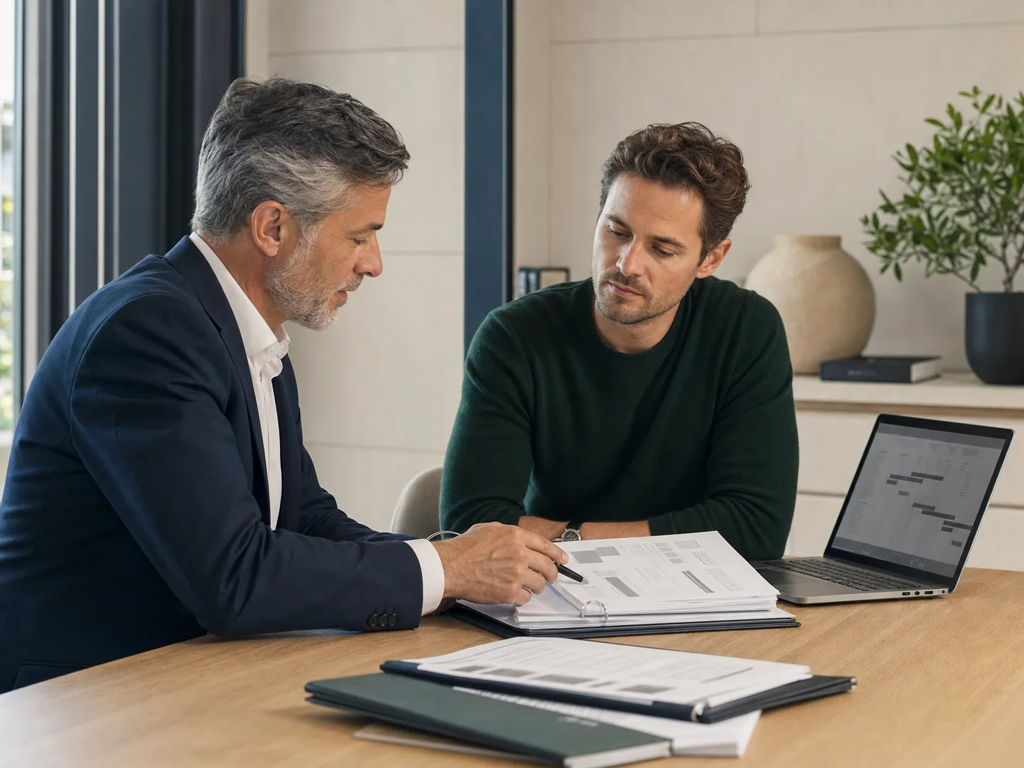 Tax advisor discussing business compliance documents.